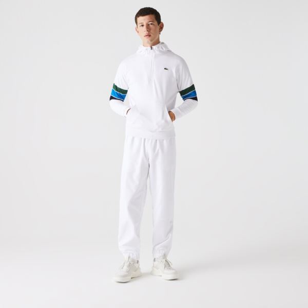 Lacoste SPORT Hooded Colorblock Fleece Sweatshirt - Mikiny Pánské Bílé / Zelene / Blankyt / Tmavě Bl